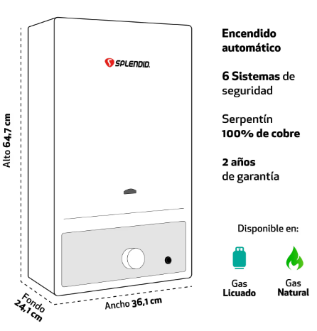 Calefón Splendid 13 litros Tiro Natural Gas licuado Instalado - Imagen 3